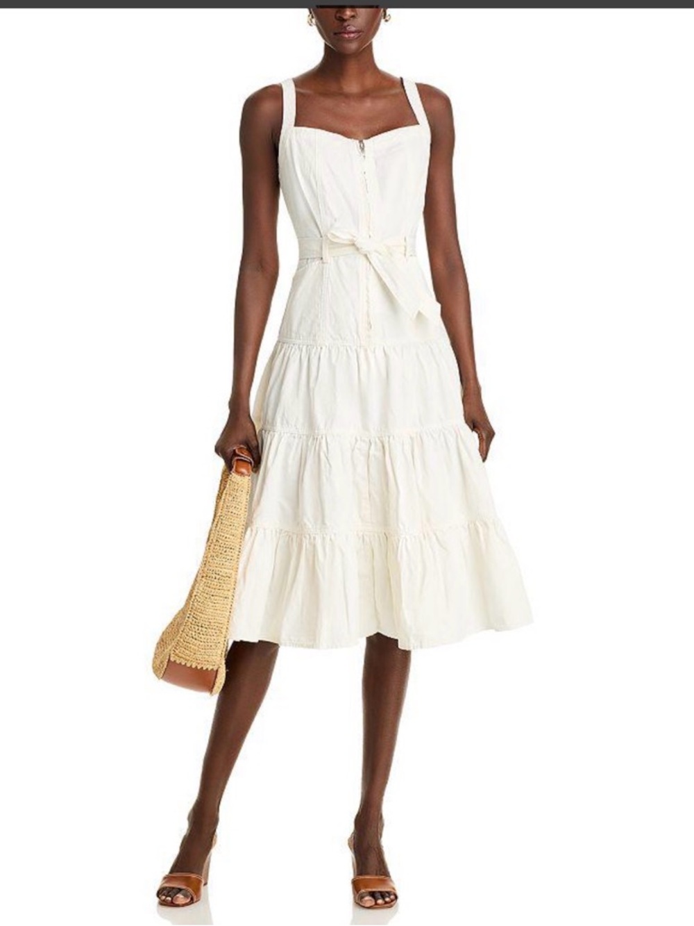 NWT Aqua White Denim Cotton Midi Tiered Dress. Size Small